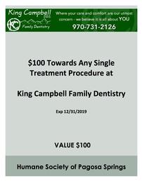 $100 Towards Any Single Treatment Procedure at King Campbell Family Dentistry Exp 12/31/2019 202//261